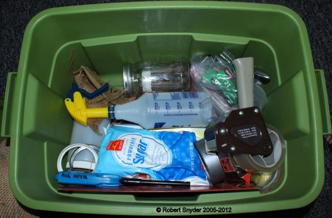 Bin with some supplies in it.