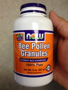A bottle of bee pollen in our lab.