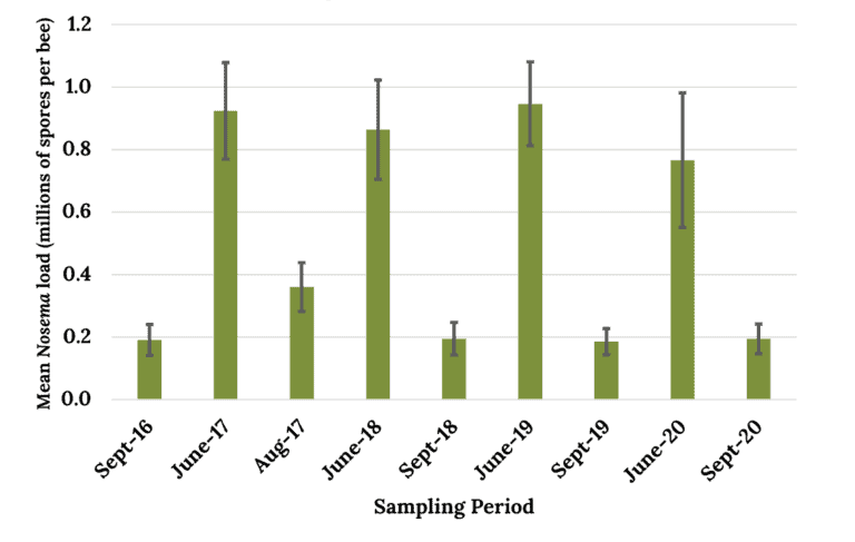 Bar Graph showing mean and standard error of Nosema loads (millions of spores per bee) for each sampling period between September 2016-September 2020. Each bar represents a sampling period on the x-axis, with Nosema load on the y-axis. Graph clearly shows significantly higher nosema loads in spring compared to fall each year.